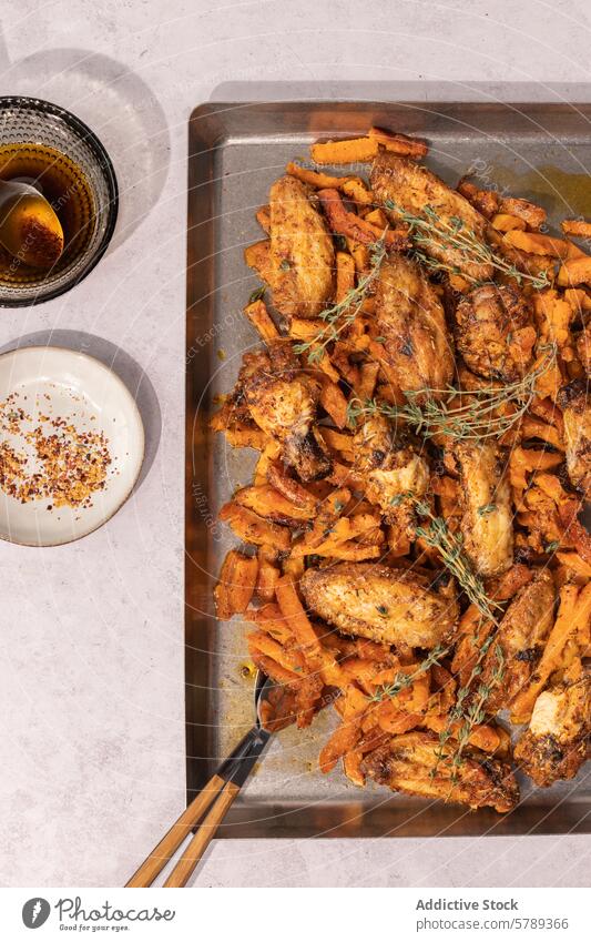 Gebratene Hähnchenflügel und Süßkartoffeln auf einem Tablett Flügel süß Kartoffel gebraten Knusprig erfahren Thymian backen Schot Lebensmittel Küche Mahlzeit