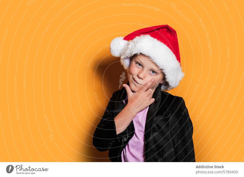 Nachdenkliches Kind mit Weihnachtsmannmütze posiert im Studio Atelier Weihnachtsmütze nachdenklich Pose jung oranger Hintergrund Ausdruck beschaulich