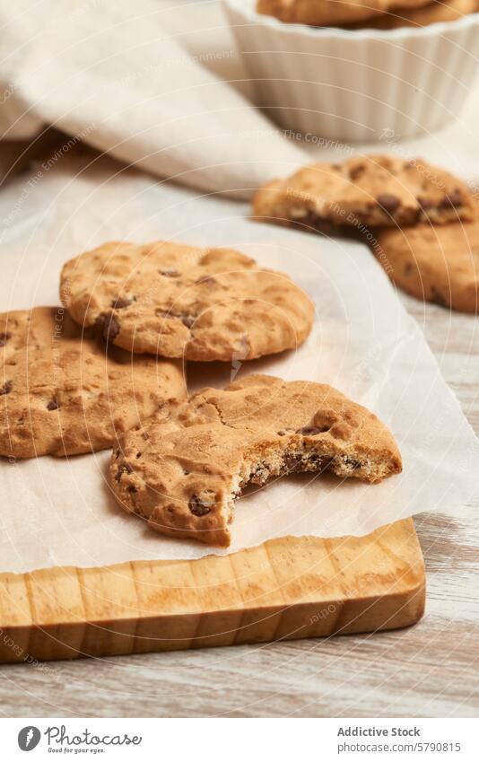 Hausgemachte Schokoladenkekse auf Holzbrett Keks Schokoladensplitter selbstgemacht gebacken Leckerbissen Dessert Snack hölzern Holzplatte Schneidebrett