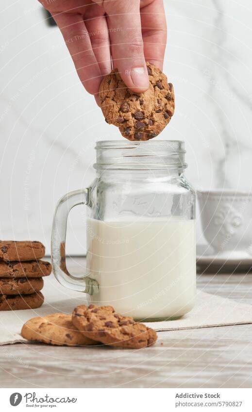 Einen Schokoladenkeks in Milch tunken Keks Chip melken eintauchen Hand Glas frisch Snack süß Leckerbissen Dessert selbstgemacht Tisch Holz Getränk Molkerei