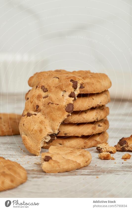 Schokoladenkekse in einem Stapel auf einem Holztisch Keks Chip hölzern Tisch Draufsicht Dessert süß Snack backen selbstgemacht geschmackvoll lecker Leckerbissen