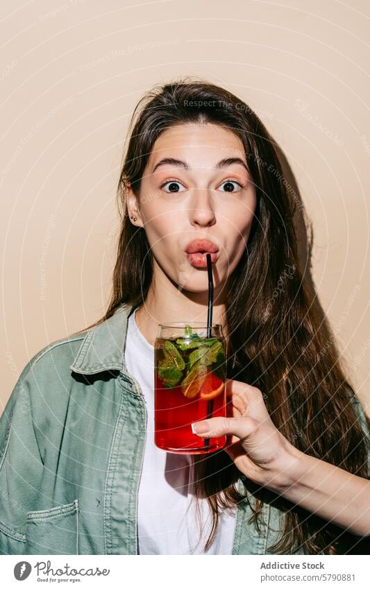 Junge Frau genießt eine frische Beeren-Orangen-Limonade trinken Minze Garnierung pulsierend Porträt Sommer Getränk erfrischend Genuss schlürfend Stroh Lächeln