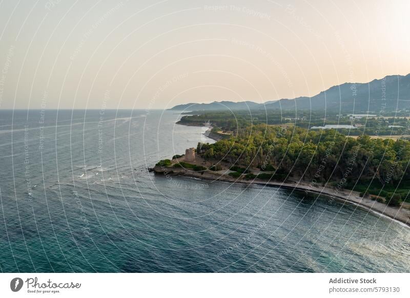 Gelassene sardische Küste bei Sonnenuntergang Sardinien Italien mediterran MEER Küstenlinie Luftaufnahme ruhig Wachturm traditionell Landschaft Strand Wald