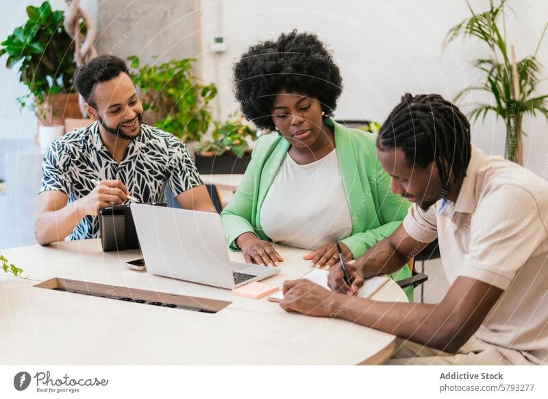 Gemeinschaftliche Atmosphäre im modernen Coworking Space professionell Sitzung produktiv hell Umwelt Zusammenarbeit Arbeitsbereich Team Besprechung