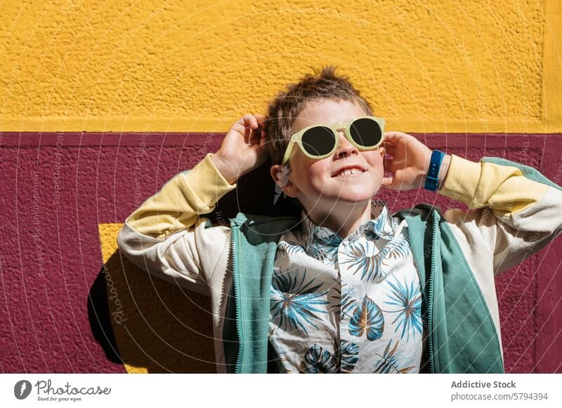 Fröhlicher Junge genießt Sommersonne gegen bunte Wand Sonnenbrille freudig farbenfroh gelb purpur pulsierend Ausdruck Lehnen Sonnenschein lässig Stil Glück