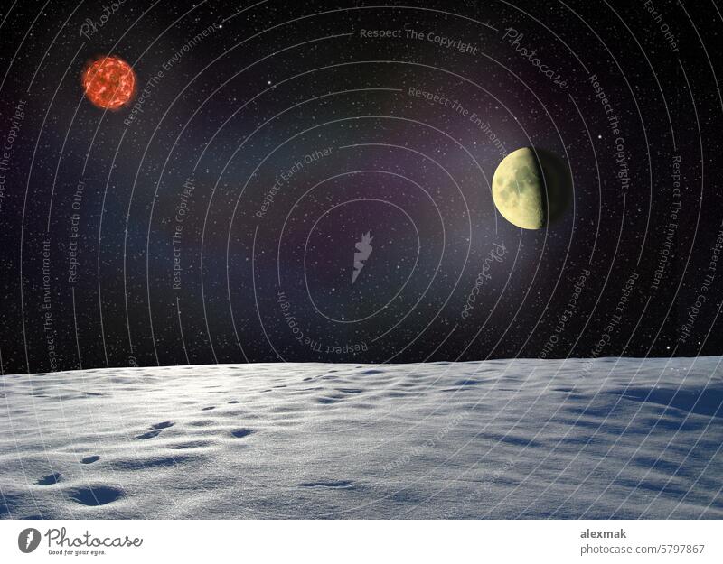 Mond leuchtet die Oberfläche eines unbekannten Planeten Raum Stern Mondschein Schmuckkörbchen Weltall Galaxie Satellit Nebel Astronomie himmlisch dunkel Mond-