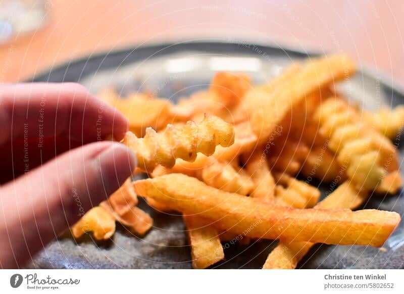 Leckere Pommes Frites auf einem Teller Pommes frites Kartoffeln Fastfood Finger Imbiss Appetit & Hunger fettig lecker Fett Fingerfood Hand Snack Mittagessen