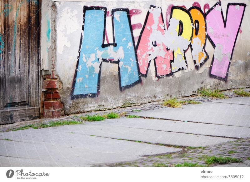 HAPPY  steht in großen bunten Buchstaben an einer maroden Hauswand happy Graffiti glücklich zufrieden froh fröhlich lustig vergnügt Gefühl heiter fortunate