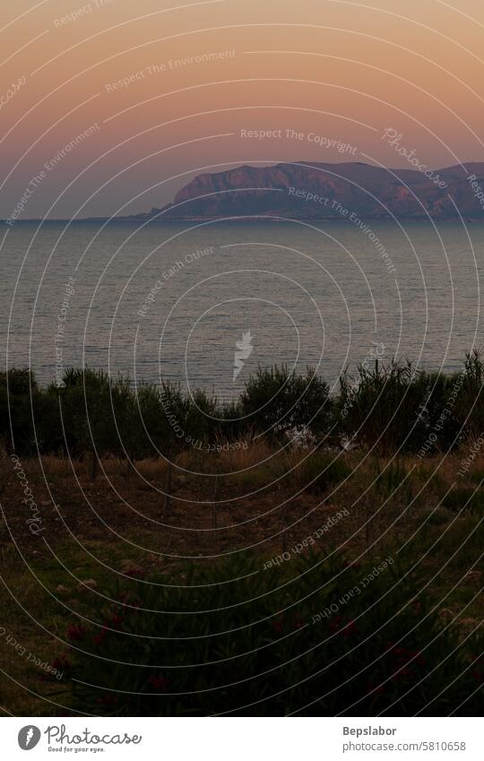 Panoramabild. Sonnenaufgang in der paradiesischen Bucht des Mittelmeers bei Scopello Italien Natur Insel Felsen blau Urlaub Wasser Italienisch Sonnenuntergang