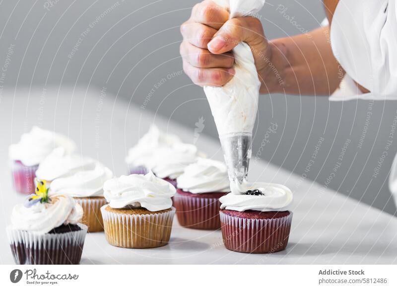 Crop Cook dekoriert Cupcakes mit Schlagsahne Bäcker gepeitscht Sahne drücken Backwarenbeutel Bäckerei Veganer Dessert Koch süß Leckerbissen gebacken