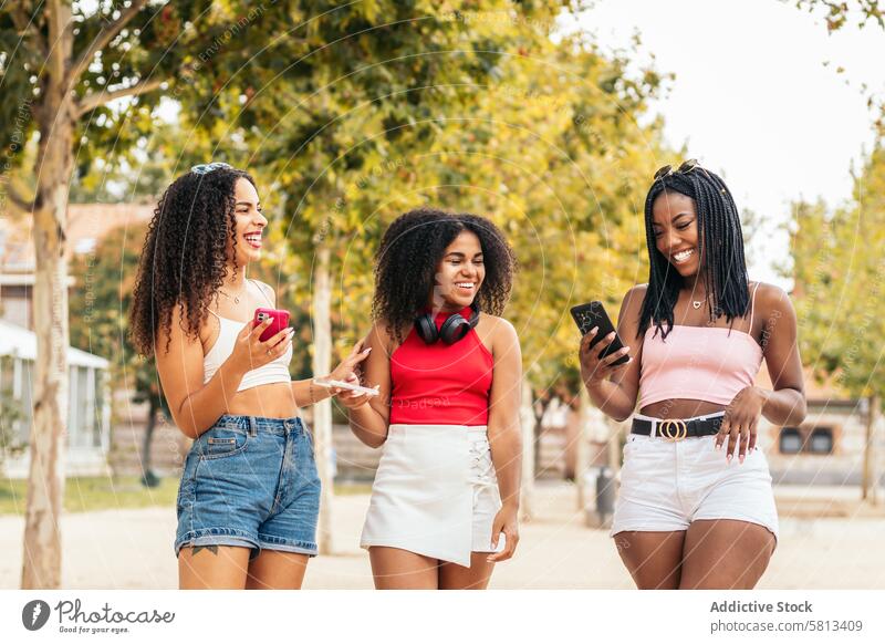 Afroamerikanische Freunde genießen den Sommer gemeinsam und nutzen das Smartphone Afroamerikaner Vielfalt Jugend Mitteilung Freude lachen Fröhlichkeit Freizeit