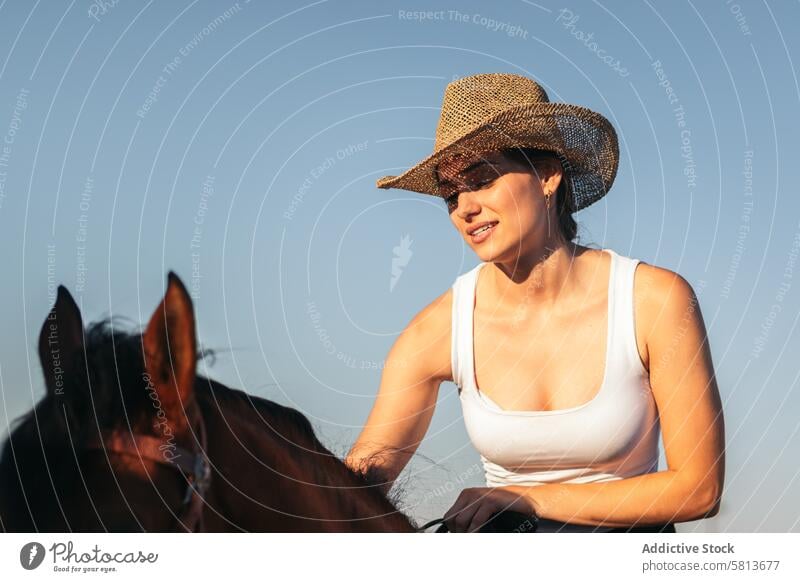 Junge Frau mit Hut reitet auf einem Pferd in der Landschaft bei Sonnenuntergang Natur jung Tier Ranch Cowgirl Cowboy Person pferdeähnlich Reiten schön Reiterin