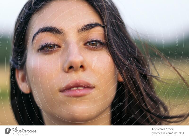 Porträt einer hübschen jungen Frau mit langen Haaren im Freien Sonnenblume Natur Feld Menschen Sommer Ackerbau Blume gelb Glück Landschaft Hintergrund sonnig