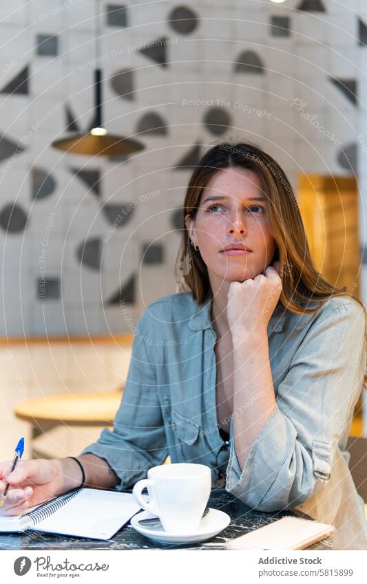 Verträumte Frau mit Notizbuch und Tee im Café wehmütig sich auf die Hand lehnen Notebook feminin Angebot Kantine Tisch Porträt Notizblock Schreibstift