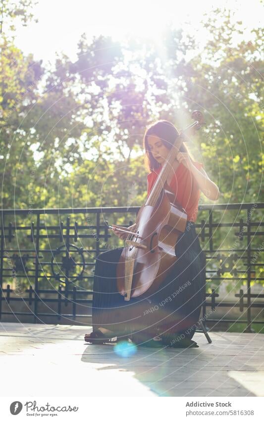 Eine junge Frau spielt auf einer Freilichtbühne Cello Musiker Instrument Konzert Leistung Künstler Musical spielen im Freien Klassik Geige Geiger Entertainment