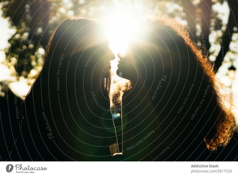 Silhouette von zwei Frauen küssen mit dem Sonnenlicht Paar Liebe Sonnenuntergang Kuss romantisch Romantik Menschen Sommer jung schön Glück Zusammensein Mädchen