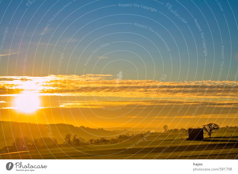 Sonnenuntergang auf dem Land Natur Landschaft Wolken Sonnenaufgang Sonnenlicht Schönes Wetter Baum Wiese Feld Hügel Hütte dunkel hell weich blau gelb Stimmung