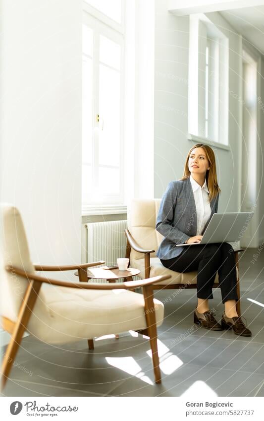 Gelassener Nachmittag bei der Arbeit: eine berufstätige Frau konzentriert sich in einem sonnenbeschienenen Raum auf ihren Laptop arbeiten Sonnenlicht Bank