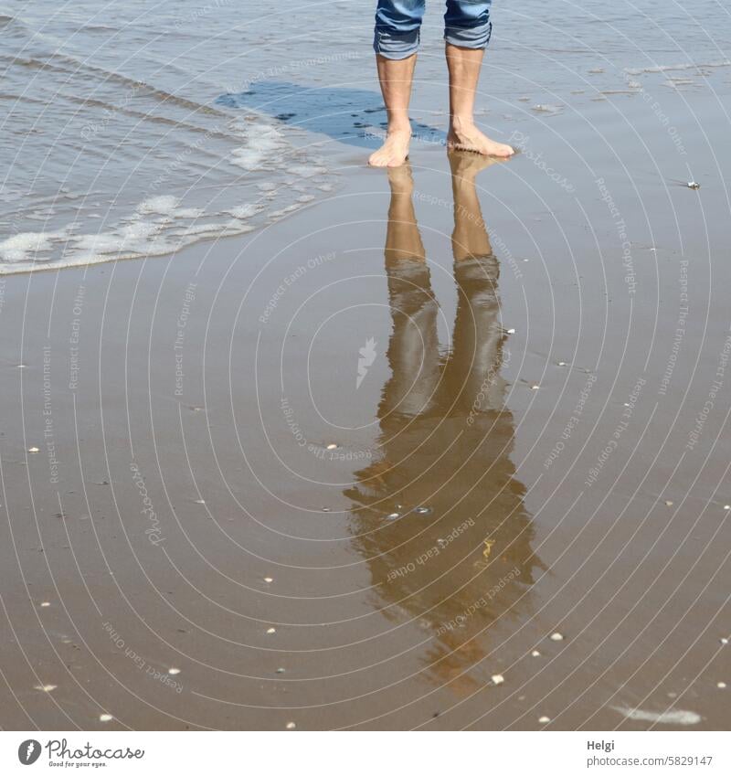 Wasserspiegel Mensch Mann Beine Spiegelung Strand Sand Meer Nordsee Norseeküste barfuß Fuß Ferien & Urlaub & Reisen Erholung Außenaufnahme Küste Sommer Farbfoto