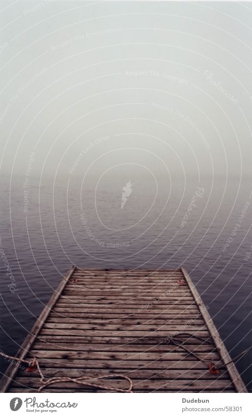 Dock Farbfoto Gedeckte Farben Außenaufnahme Menschenleer Morgendämmerung Starke Tiefenschärfe Meer Seil Natur Wasser Herbst Wetter Nebel Seeufer Holz Einsamkeit