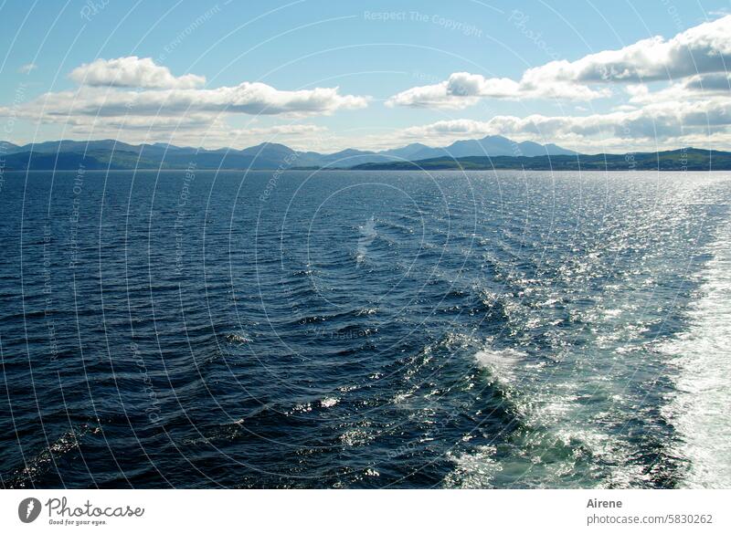 Blick zurück ohne Zorn Kielwasser Schifffahrt glänzend Fernweh blau dunkelblau maritim hell Reflexe Schönes Wetter sanft gewellt fahren glitzern Schwingung Meer