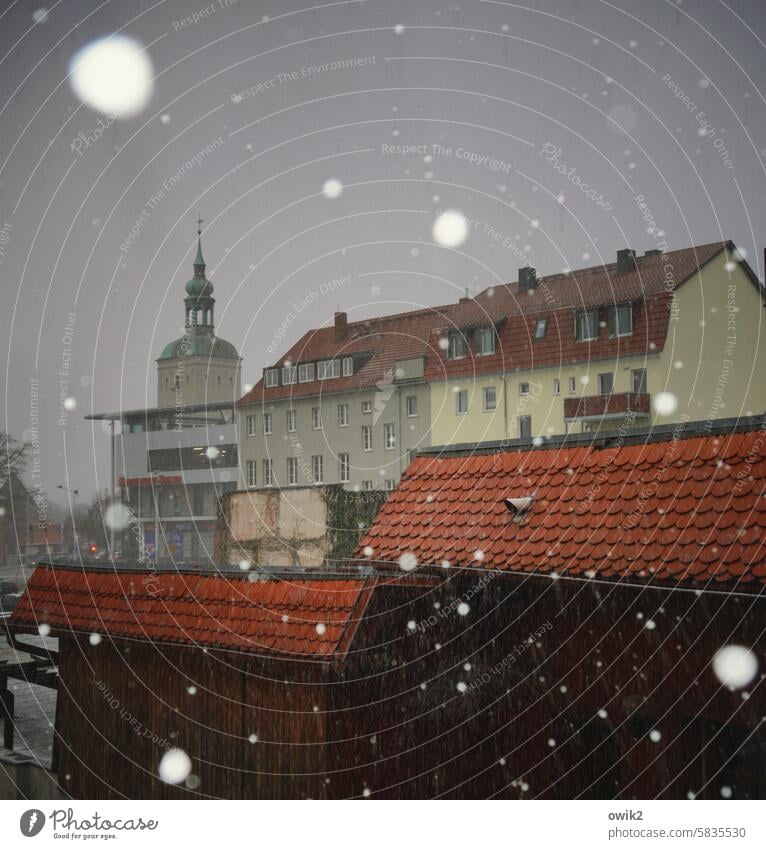 Dunkle Jahreszeit Schneefall Schneeflocke Schweben fallen ruhig verschneit Lichterscheinung Altstadt Dächer Fenster Fassade Wand Lauenturm Turmspitze Wintertag