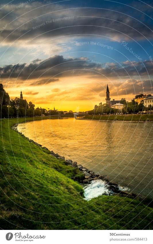 Sonnenuntergang über der Salzach in der Stadt Salzburg Ferien & Urlaub & Reisen Tourismus Ausflug Sightseeing Städtereise Sommer Sommerurlaub Natur Wolken