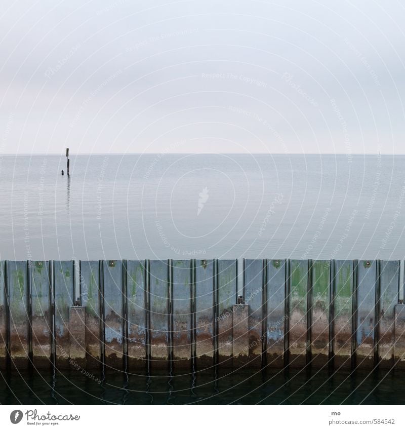 ausgesperrt Wasser Himmel Horizont Küste Meer See Hafen Mauer Wand alt dreckig kalt trist blau grün Schutz standhaft Sicherheit Verfall Vergänglichkeit Farbfoto