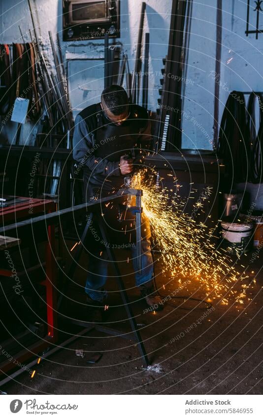 Schmied schleift Metall mit Funken in der Werkstatt. Hufschmied männlich Metallbearbeitung Schleifen funkt Handwerkskunst Arbeit Industrie manuell Wehen