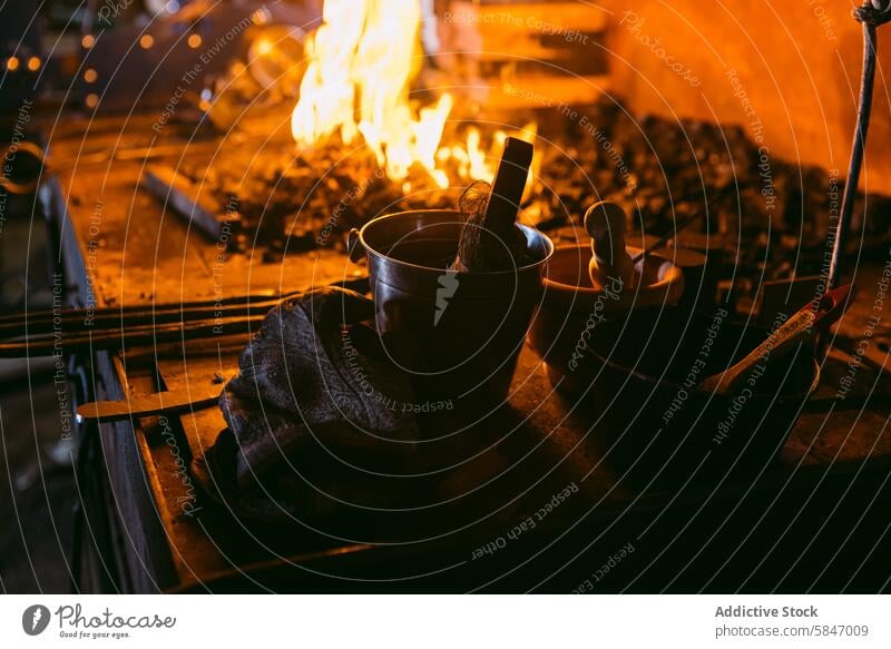 Schmiedewerkzeuge auf einer Werkbank mit einem feurigen Schmiedehintergrund Hufschmied schmieden Hobelbank Werkzeug Metallbearbeitung Artistik Handwerkskunst