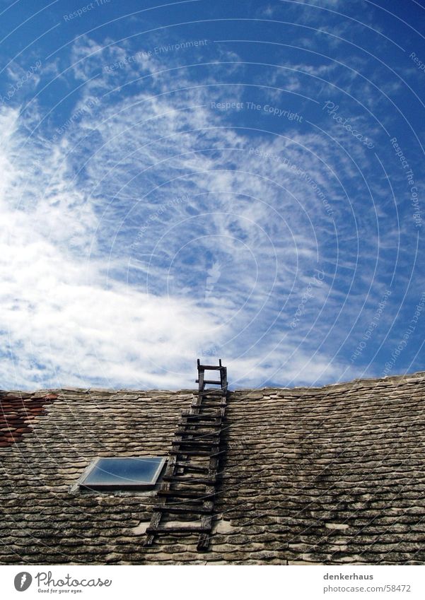 Leiter zum Himmel Wolken Dach Backstein Holz Fenster weiß Haus Frieden blau Himmelsleiter Dachfenster Unendlichkeit unerreichbar