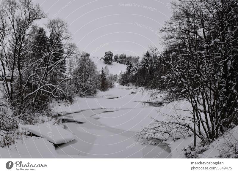 zugefrorener Fluss in der Wintersaison Windstille übersichtlich kalt Wald Frost Eis eisig Landschaft Berge u. Gebirge Natur im Freien ländlich Szene malerisch