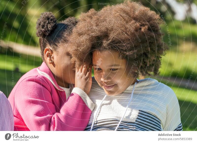 Junge Mädchen teilen ein Geheimnis in einem sonnigen Park geheim hauchen Freundschaft Freude Glück Vertrauen Tag jung Kind Kindheit spielen Lächeln Ausdruck