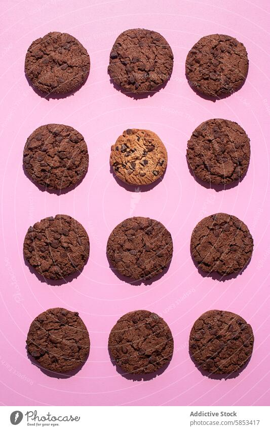 Flat Lay von Chocolate Chip Cookies auf rosa Hintergrund Ordnung Gebackenes Dessert Gebackene Süßigkeiten blaue Oberfläche Zerbrochene Kekse Schokolade