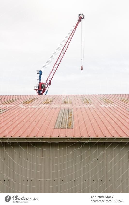 Großer Kran, der sich hinter einer Metalldachkonstruktion erhebt Kranich Himmel Dach Konstruktion industriell schwer Heben hoch rot verwittert umfassend