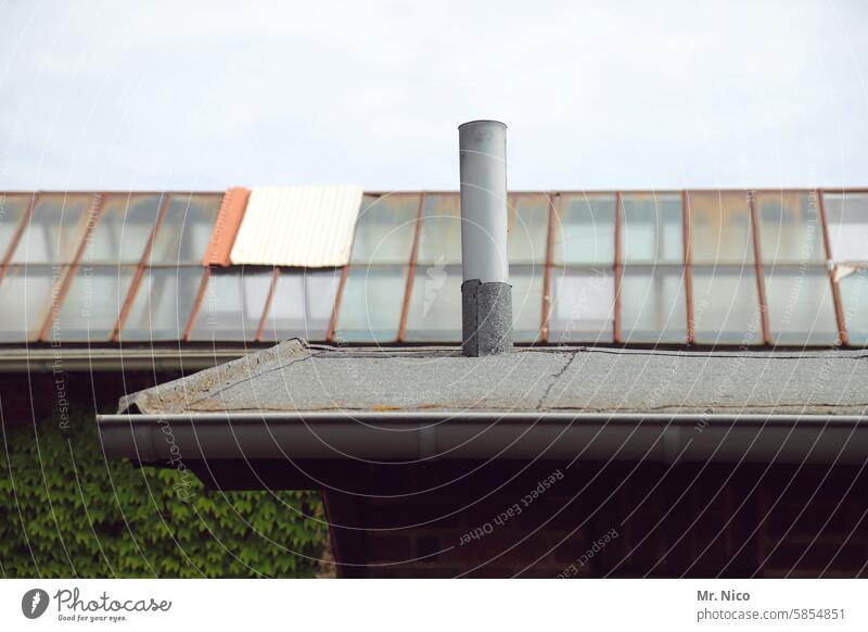 Dach Architektur Glasdach Oberlicht Glasscheiben Dachfenster Himmel Schornstein Teerpappe grau Kamin Fenster Gebäude Konstruktion Dachrinne Efeu Haus