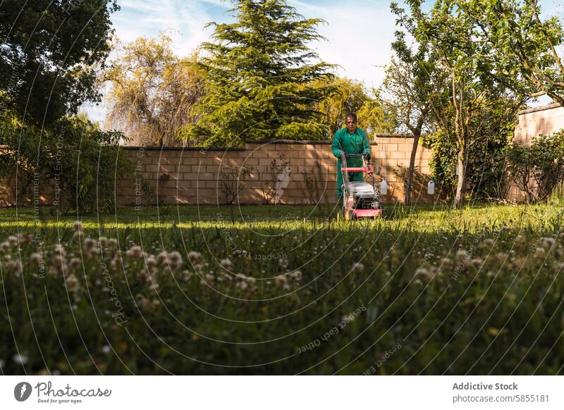 Mann mäht einen üppigen Garten mit einem Rasenmäher Mähen im Freien Flugzeugwartung Gras grün Arbeitsbekleidung Gelassenheit heimisch Landschaft Steinwand