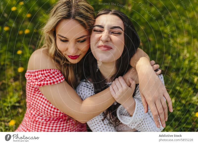 Zwei Freunde genießen eine herzliche Umarmung in einem sonnigen Park Frau Umarmen Freude Natur jung Fröhlichkeit Zuneigung binden im Freien Freundschaft Sommer