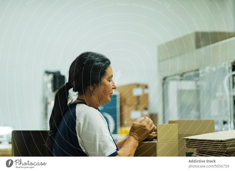 Ältere Frau verpackt Produkte im Lager reif Arbeiter Verpackung Lagerhalle Verteilung industriell Wehen Geflecht fokussiert traditionell Einstellung Kasten