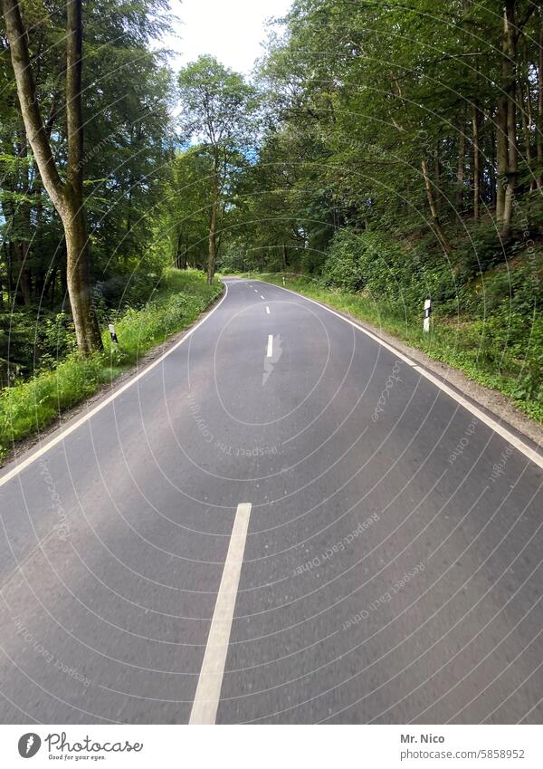 Landstraße leere Straße zweispurig on the road Straßenverkehr Verkehr Landschaft ländlich Wald Roadmovie grün straßenverlauf Asphalt Verkehrswege außerorts