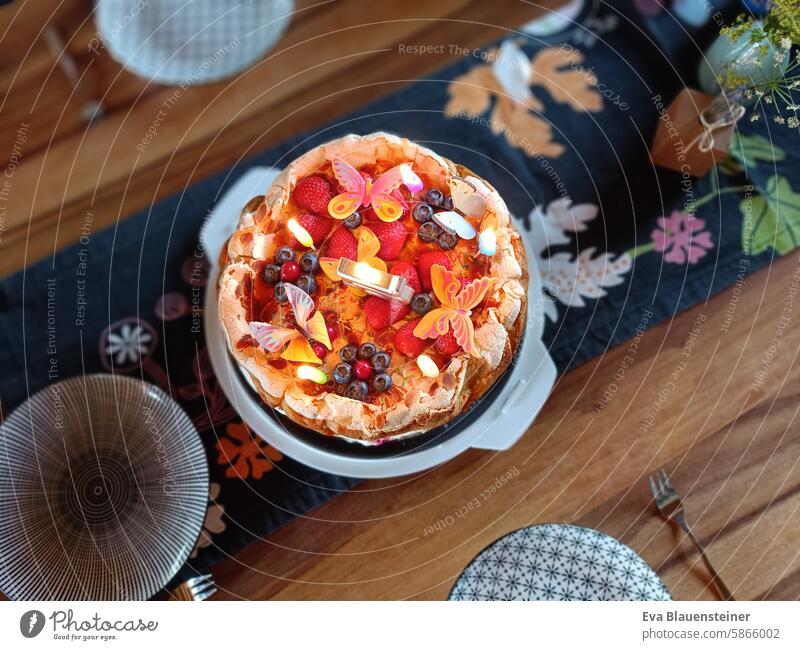 Mit Beeren und Schmetterlingen verzierte Geburtstagstorte auf gedeckten Tisch von oben Torte Geburtstagskerzen Kerzen Feste & Feiern Happy Birthday Freude