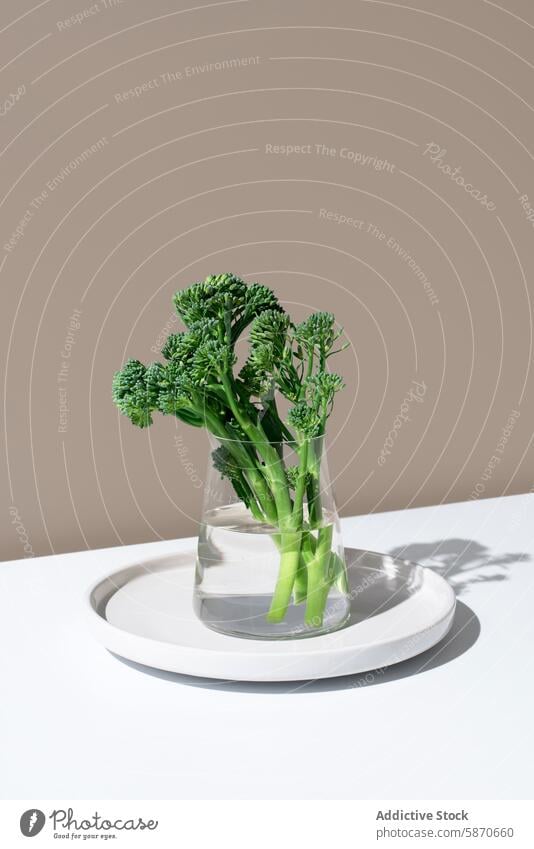 Frische Broccolini-Stängel in Wasser auf einer einfachen Unterlage broccolini frisch Glasgefäß Baby-Brokkoli Tenderstem sehr wenige beiger Hintergrund Gemüse