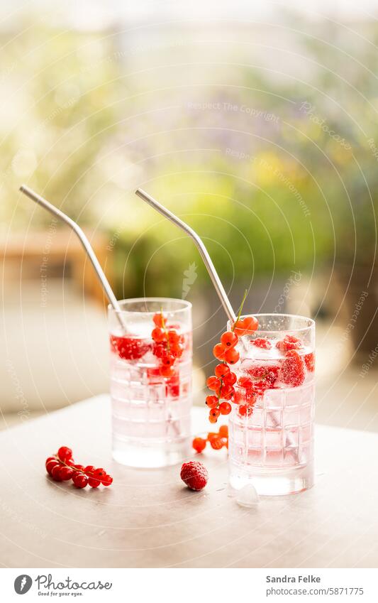 2 Gläser mit kalten Drinks und Beeren auf einer Terrasse Glas Alkohol Getränk Cocktail Longdrink Erfrischungsgetränk Limonade Eiswürfel Sommer lecker trinken