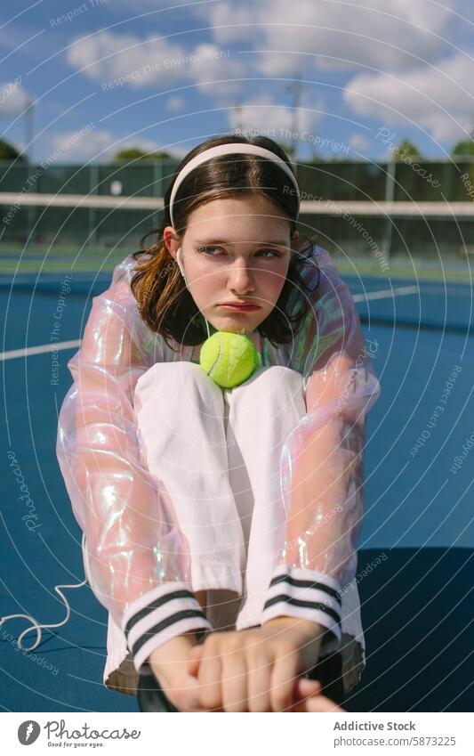 Junge Frau hört Musik auf dem Tennisplatz sonnig sportliches Outfit Kopfhörer Tennisball Freizeit sich[Akk] entspannen Tag jung sonniger Tag Sport Erholung