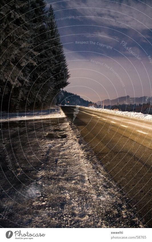 Bright Road Nacht dunkel schwarz Wald schmal weiß Beleuchtung Wolken offen Langzeitbelichtung Außenaufnahme Straße hell Schnee Himmel blau Freiheit Ehrlichkeit