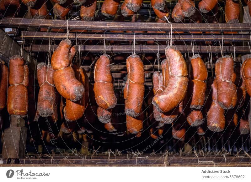 Verschiedene Wurstsorten hängen in einem Trockenraum Wurstwaren geheilt Trocknung Raum Sobrasada erhängen Fleisch Schweinefleisch Gewürz Paprika Lebensmittel