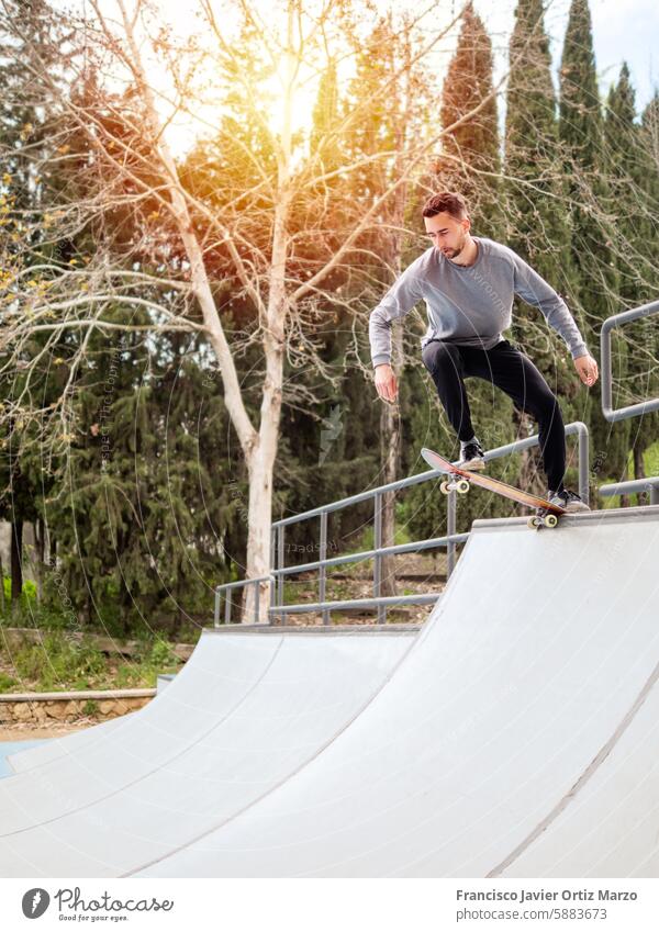 Junger Skateboarder bei einem Trick im Skatepark. Rampe Jugend Sport im Freien Aktion extrem Freizeit Skater Holzplatte Skateboarding springen Stunt Wheelie