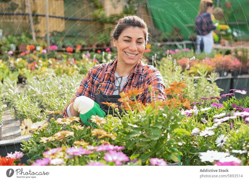 Fröhliche Gärtnerin bei der Arbeit mit Blumen Frau Lächeln positiv Garten Pflege Pflanze Gartenbau kultivieren wachsen Blütezeit Flora Botanik Schürze