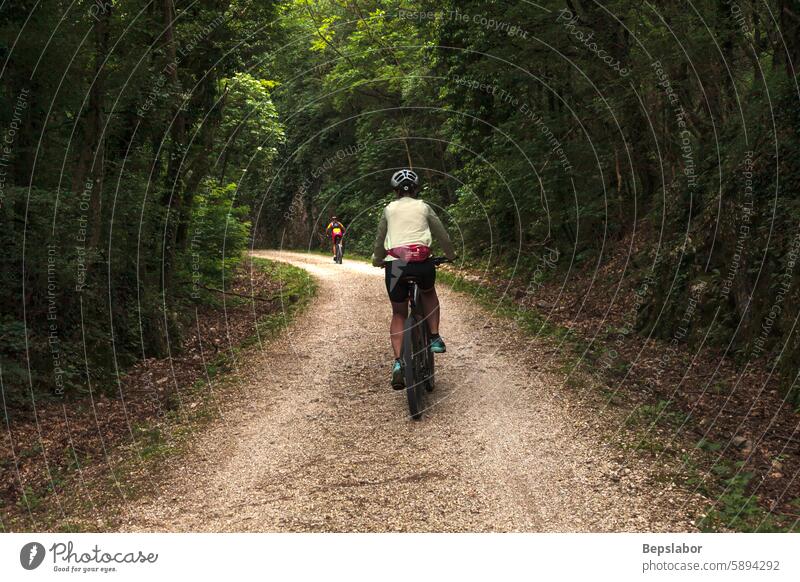 Radfahrer auf Waldweg horizontal im Freien Lebensstile Fotografie Textfreiraum Bewegung Menschen Reiten Sport Waldgebiet Fahrrad Kopfbedeckung