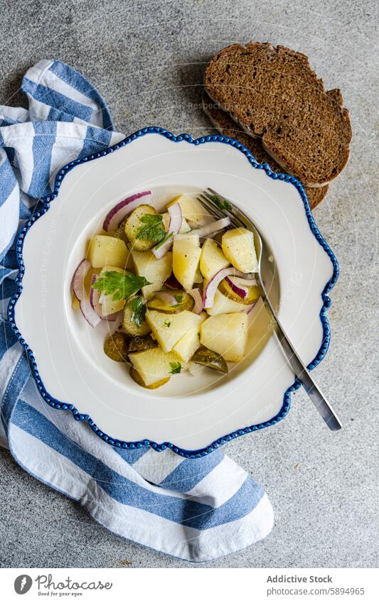 Deutscher Kartoffelsalat mit Zwiebeln und fermentierten Gurken Lebensmittel Salatbeilage rote Zwiebel Salatgurke gekocht gewürfelt Scharfer Geschmack knusprig